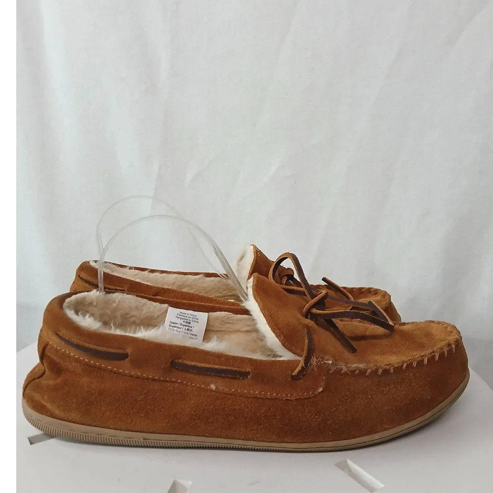 J. Crew Mens Genuine Suede Tan Suede Sherpa Lined Moc Toe Slippers Size‎ 11